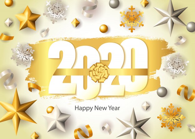 Feliz año nuevo, letras 2020, copos de nieve dorados y estrellas