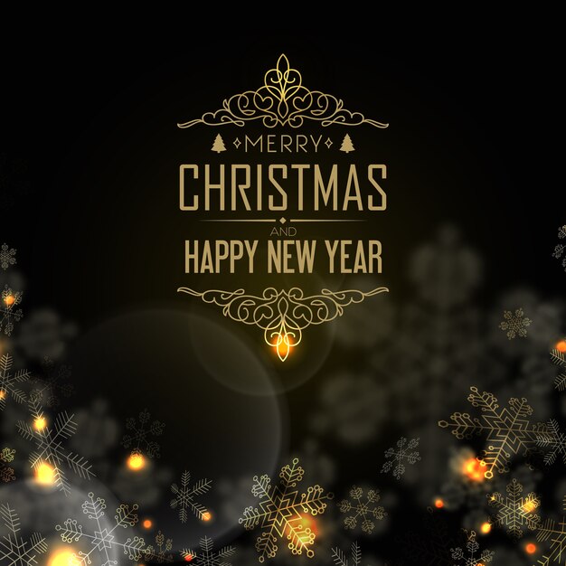 Feliz año nuevo y postal de Navidad con víspera, luz de velas y muchos copos de nieve creativos en negro