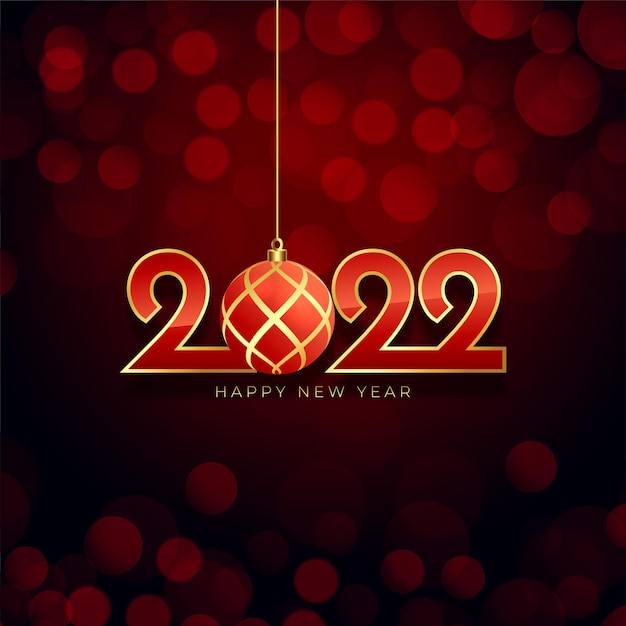 Feliz año nuevo saludo rojo 2022 celeration con decoración de bolas navideñas