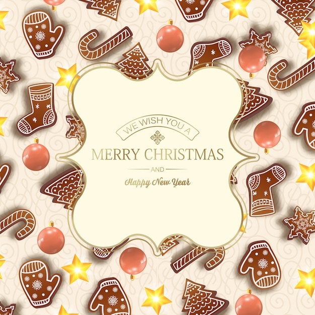 Vector gratuito feliz año nuevo y tarjeta de navidad con inscripción dorada en elegante marco y elementos navideños en luz