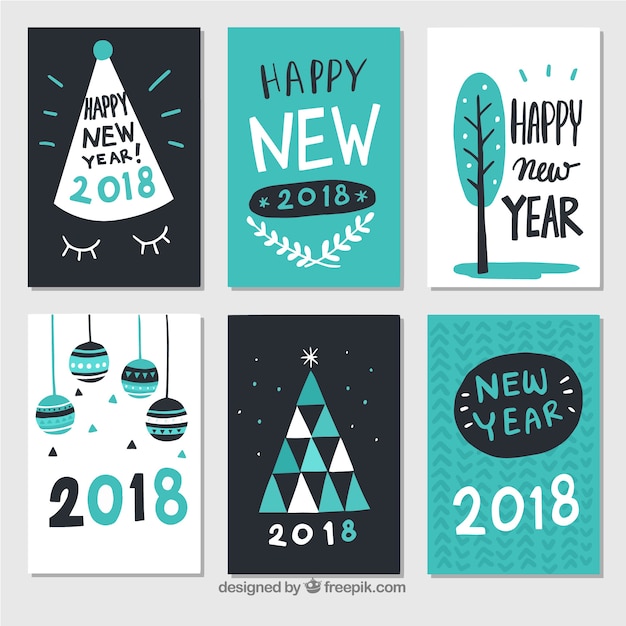 Feliz año nuevo tarjetas en negro, blanco y turquesa