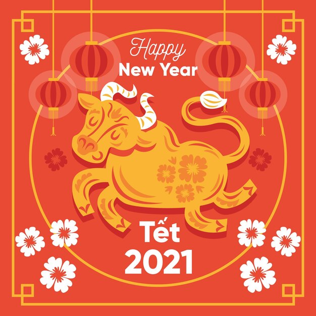 Feliz año nuevo vietnamita 2021 dibujado a mano