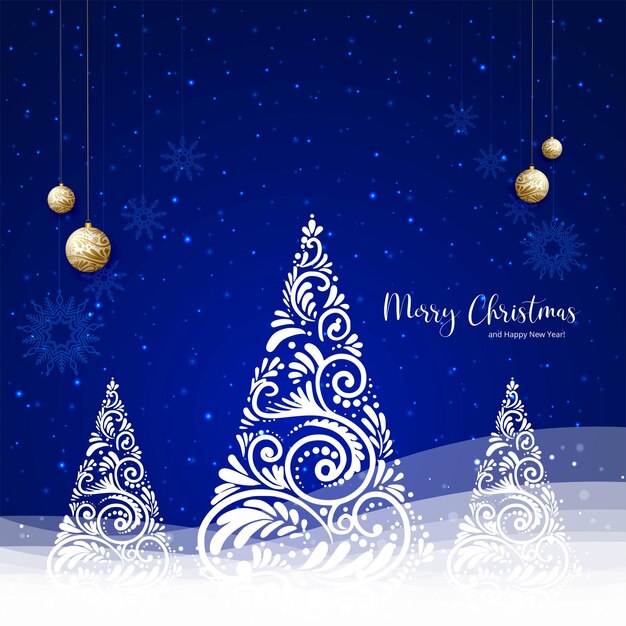 Feliz árbol de Navidad con fondo de tarjeta azul