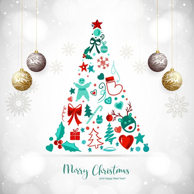 Feliz árbol de Navidad tarjeta de felicitación festival en el fondo de la bola colgante de Navidad