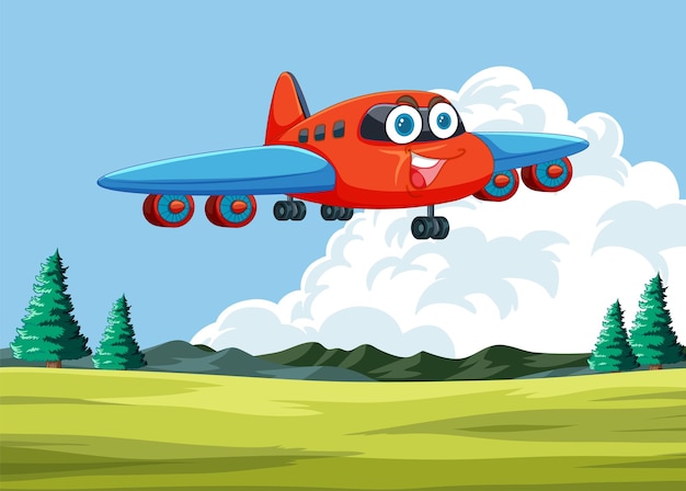 Feliz avión de dibujos animados sobre los campos