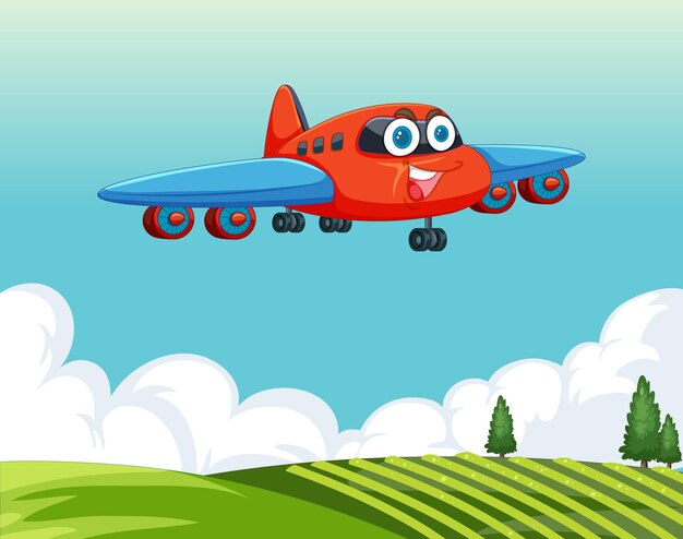 Feliz avión de dibujos animados volando alto