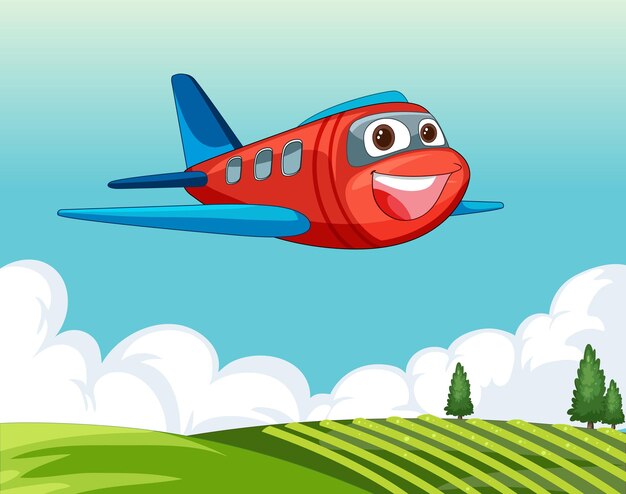 Feliz avión de dibujos animados volando alto