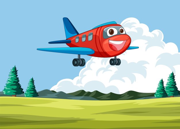 Feliz avión volando sobre el campo