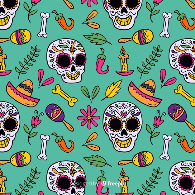Feliz calavera y elementos mexicanos dibujados a mano patrón día de muertos