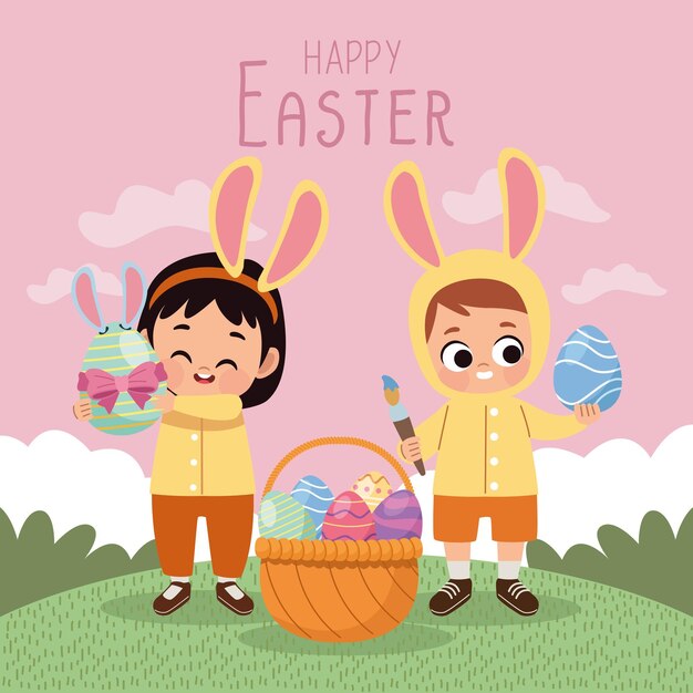 feliz cartel de letras de pascua con niños