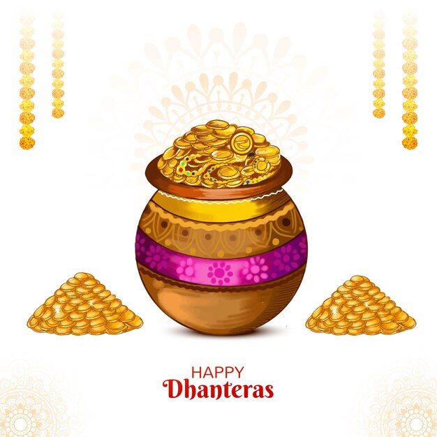 Feliz celebración de dhanteras por monedas de oro en el fondo del festival de ollas