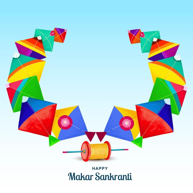 Feliz celebración de Makar Sankranti con coloridas cometas en el fondo de la tarjeta