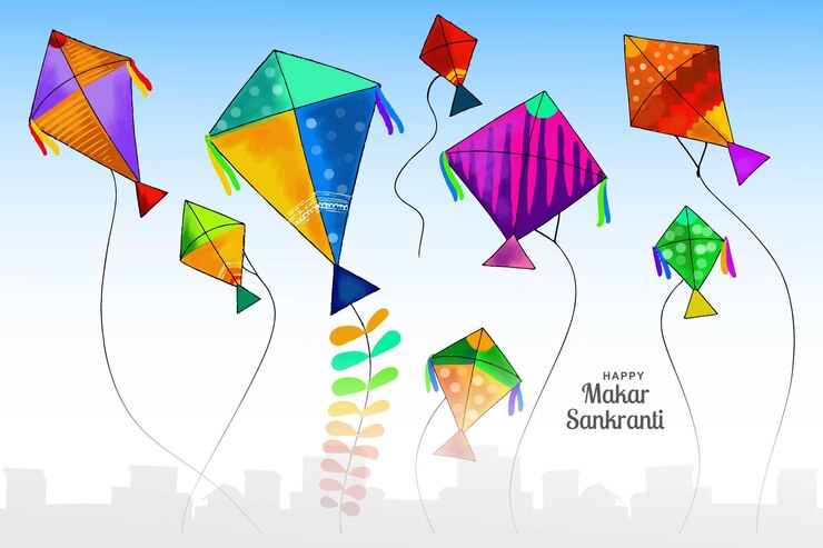 Vector gratuito feliz celebración de makar sankranti con coloridos cometas en el fondo