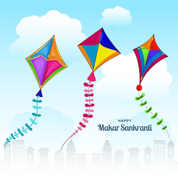Feliz celebración de Makar Sankranti diseño de tarjetas de cometas coloridas