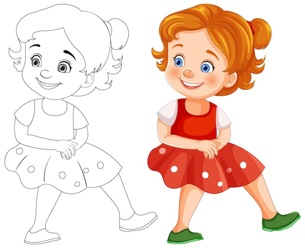 Feliz chica de dibujos animados antes y después de colorear