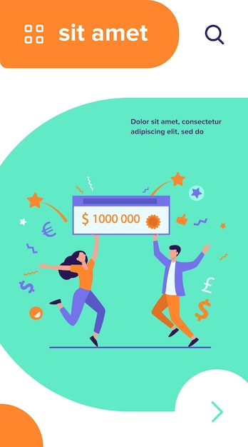 Vector gratuito feliz chico y chica ganando premio en dinero. ganadores del premio mayor con cheque bancario por un millón de dólares