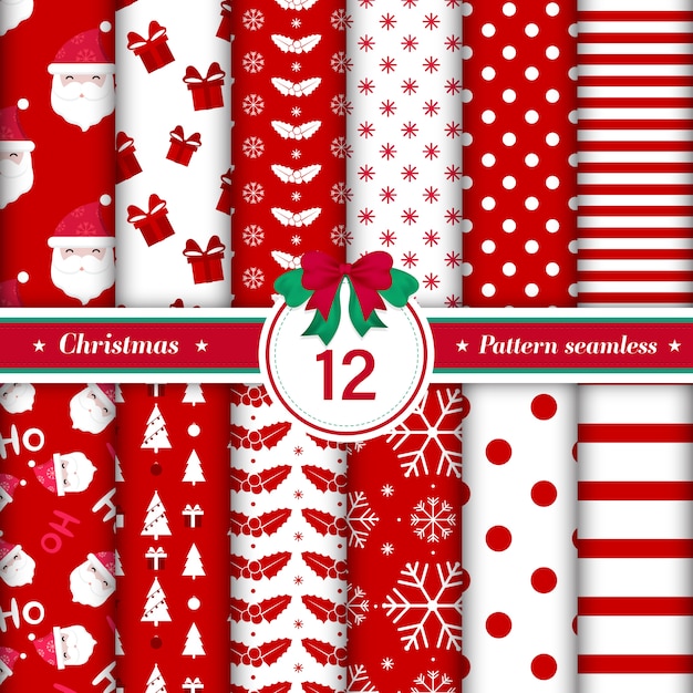 Vector gratuito feliz colección de patrones sin fisuras de navidad en color rojo y blanco