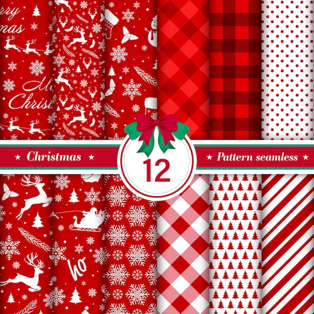 Feliz colección de patrones sin fisuras de Navidad en color rojo y blanco