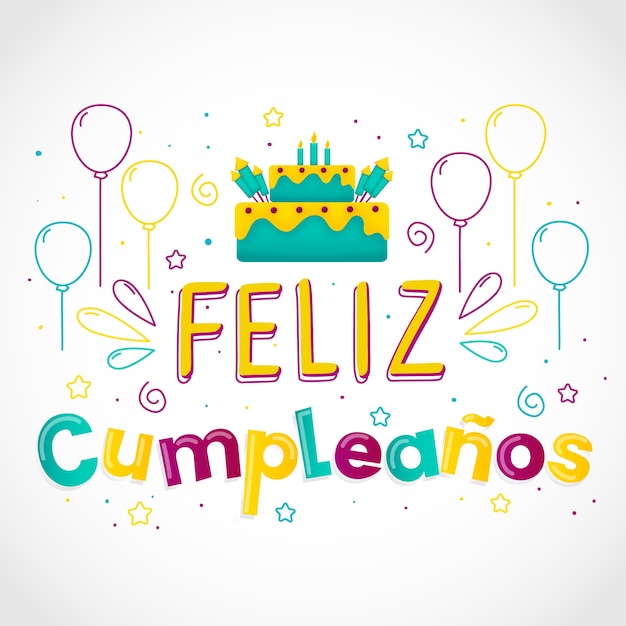 Feliz cumpleaños bocetos de globos y pastel