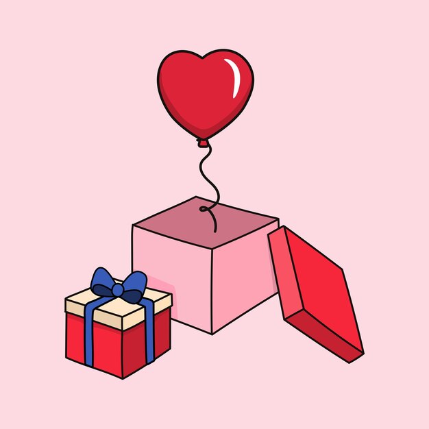 Feliz cumpleaños y feliz día de san valentín con caja de regalo y corazón de globo