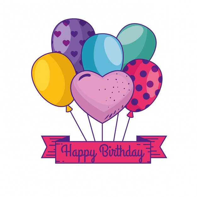 Feliz cumpleaños con globos y decoración de la cinta