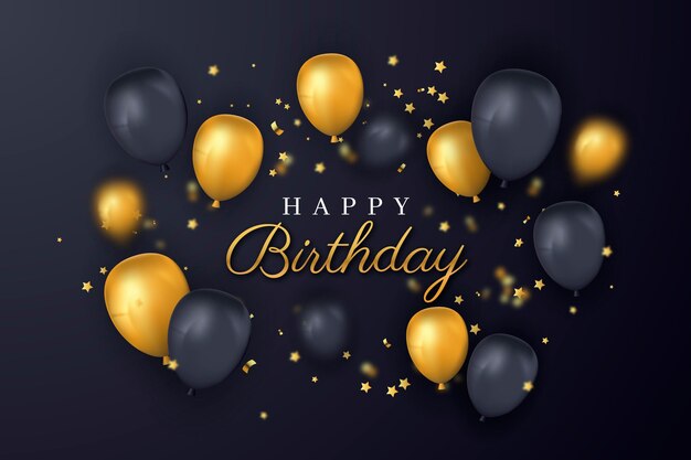 Feliz cumpleaños globos dorados y negros