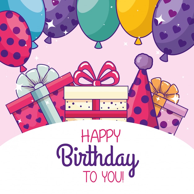 Feliz cumpleaños con globos y gorro de fiesta