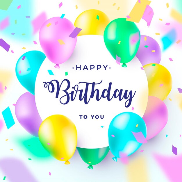 Feliz cumpleaños con globos realistas y coloridos