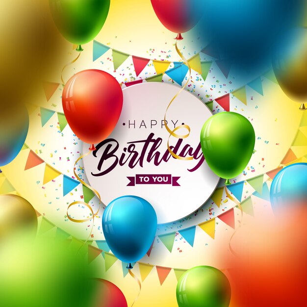 Feliz cumpleaños con globos, tipografía y confeti cayendo.