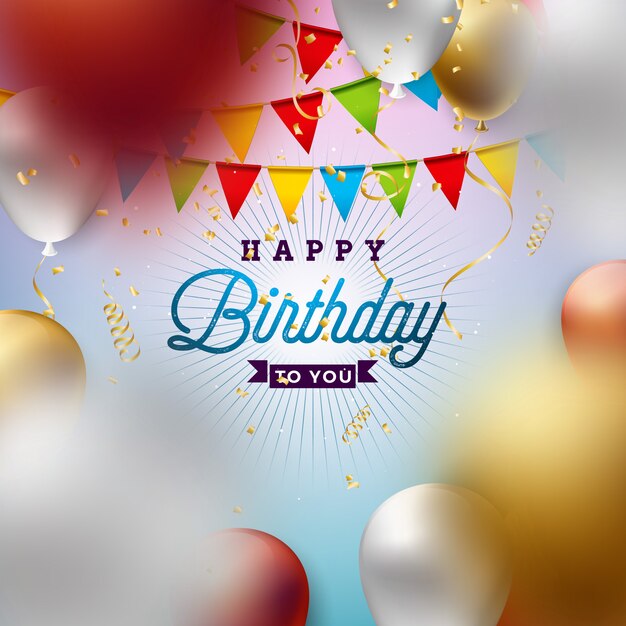 Feliz cumpleaños con globos, tipografía y confeti cayendo.