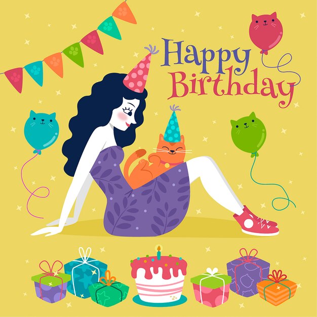 Feliz cumpleaños mujer y gatos