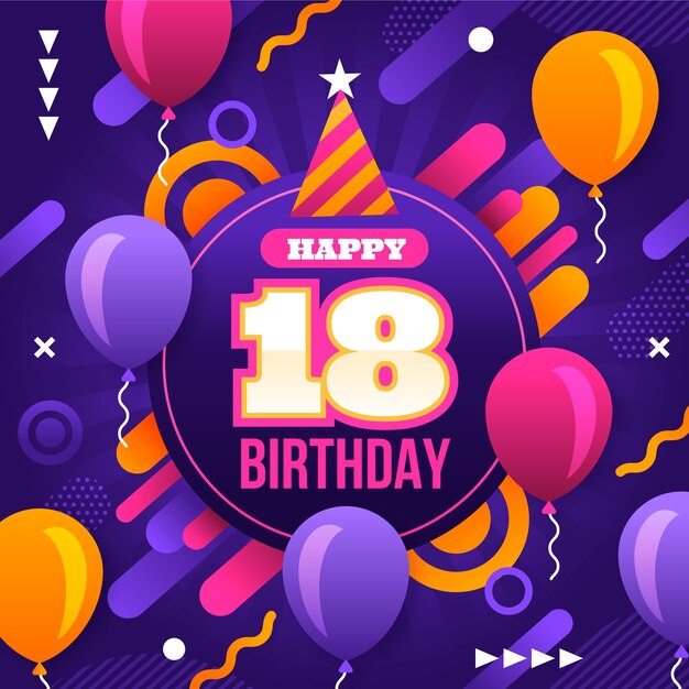 Feliz cumpleaños número 18 con globos y confeti