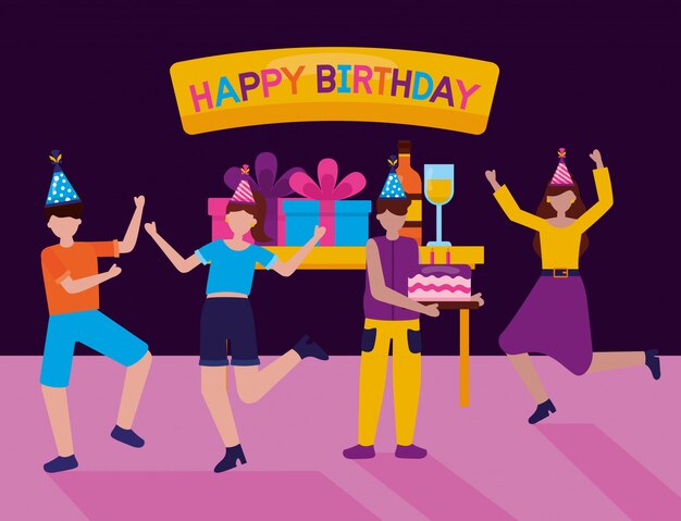 Feliz cumpleaños personas en estilo plano