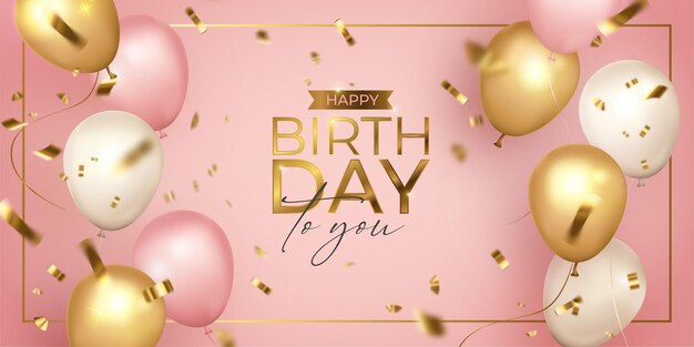 Feliz cumpleaños realista rosa, dorado y blanco