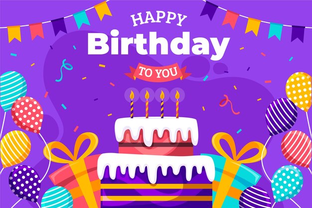 Feliz cumpleaños a ti diseño plano con confeti y pastel