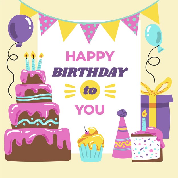 Feliz cumpleaños a ti con pastel dulce y regalos