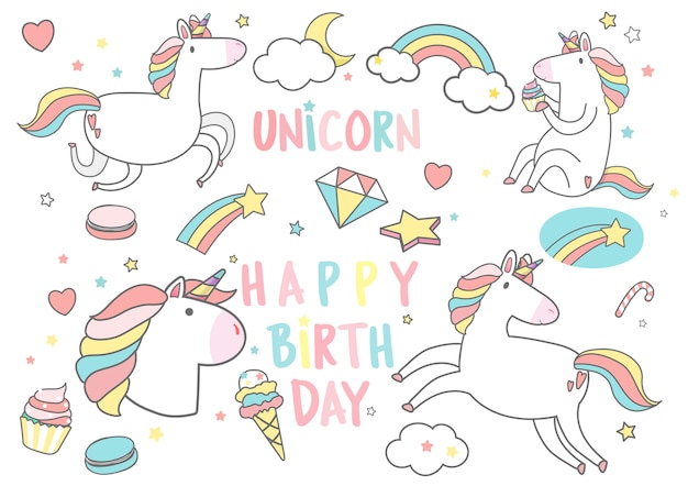 Feliz cumpleaños unicornio con vector de tarjeta de elementos mágicos