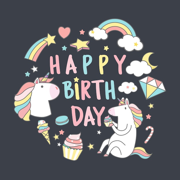 Vector gratuito feliz cumpleaños unicornio con vector de tarjeta de elementos mágicos