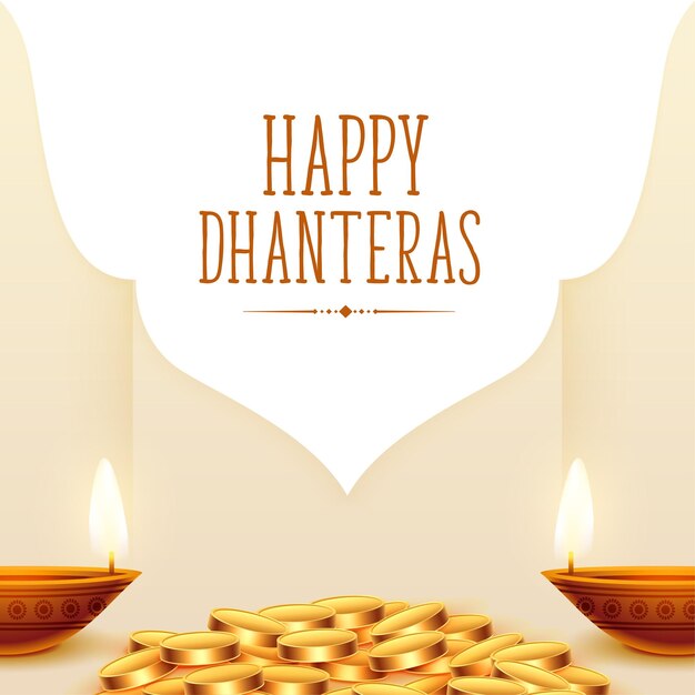 Feliz Dhanteras fondo del festival hindú con moneda de oro y diya