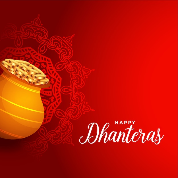 Vector gratuito feliz dhanteras fondo rojo con olla de monedas de oro