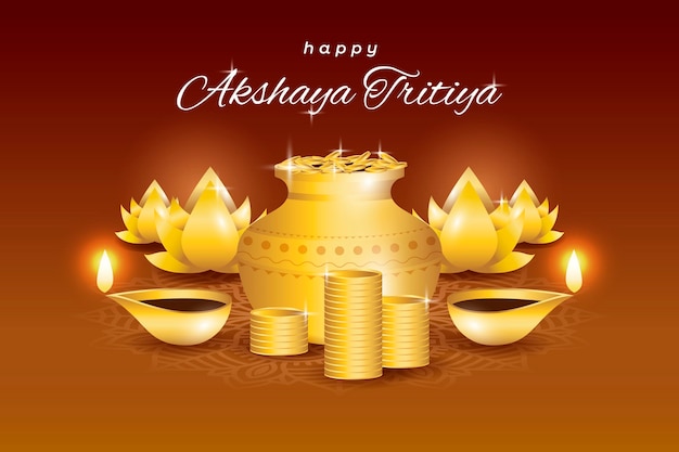 Feliz día akshaya tritiya con símbolos de la abundancia