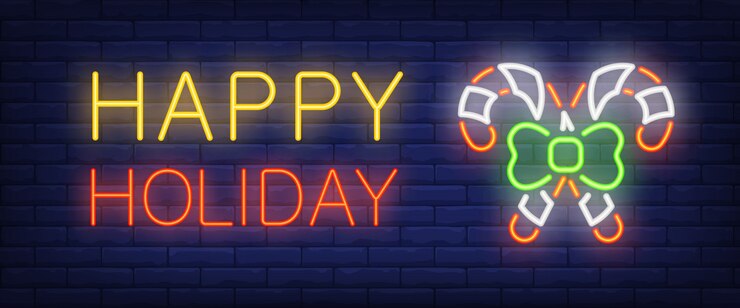 Vector gratuito feliz día de fiesta de texto de neón y dos bastones de caramelo