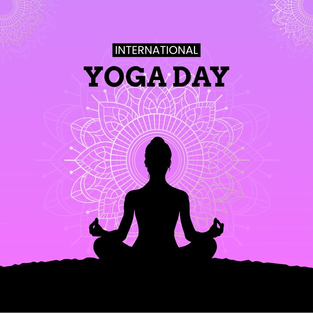 Feliz Día Internacional del Yoga Fondo Negro Púrpura Diseño de Redes Sociales Banner Vector Gratis