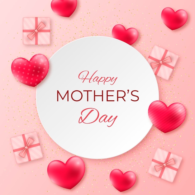 Feliz dia de la madre con corazones y regalos