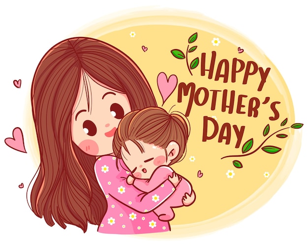 Vector gratuito feliz día de la madre, hermoso personaje de madre e hija ilustración de arte de dibujos animados dibujados a mano