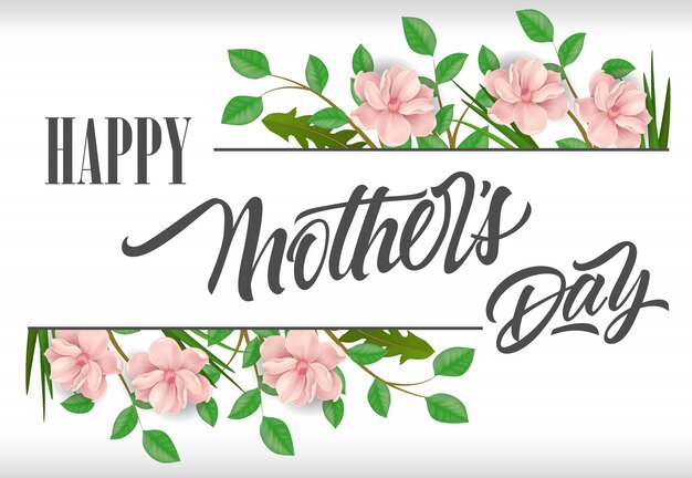 Feliz día de la madre letras con plantas y flores de color rosa. Tarjeta de felicitación del día de madres
