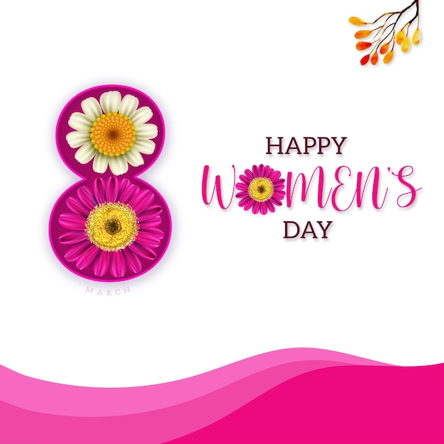 Vector gratuito feliz día de la mujer saludos flores púrpuras fondo blanco rosa banner de diseño de redes sociales