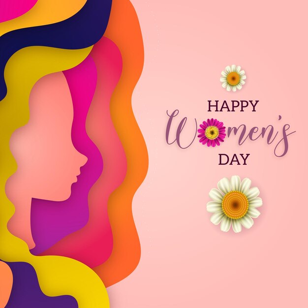 Vector gratuito feliz día de la mujer saludos púrpura flores blancas fondo amarillo rosa claro diseño de redes sociales banner