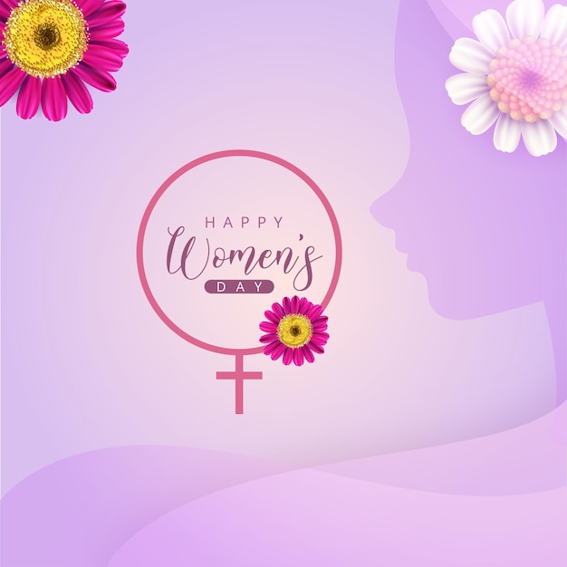 Feliz día de la mujer saludos púrpura flores blancas fondo violeta claro diseño de redes sociales banner