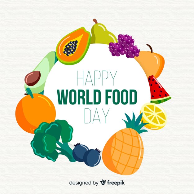 Feliz día mundial de la comida rodeado de frutas